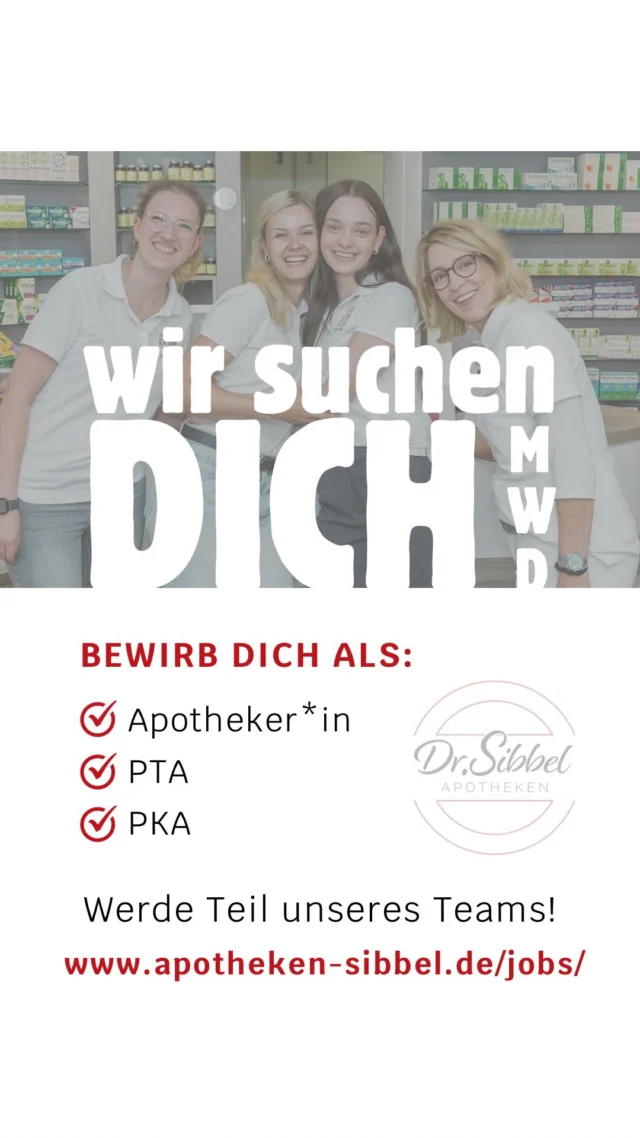 💊 Verstärkung gesucht – Komm in unser Team! 🩺

Du liebst den Umgang mit Menschen und hast Lust auf einen sicheren Job mit Herz – mitten in Herne? ❤️

Dann bewirb dich jetzt bei uns! Egal ob PTA, PKA oder Apotheker*in – wir freuen uns auf dich.

📩 Kurzbewerbung direkt per DM oder unter: https://apotheken-sibbel.de/jobs/

#JobInHerne #ApothekeHerne #TeamVerstärkung #Apothekenliebe #job #pta #pka #apotheken #herne #wanneeickel